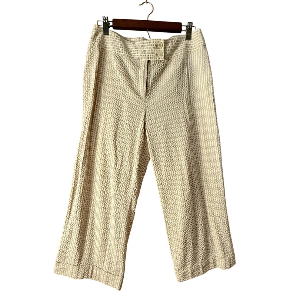Anne Klein Striped Seersucker Cropped Cuffed Pants Size 8 Beige White